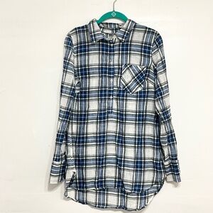 MERONA Women Half Placket Shirt 100% Cotton Blue Plaid Long Sleeve Size Large